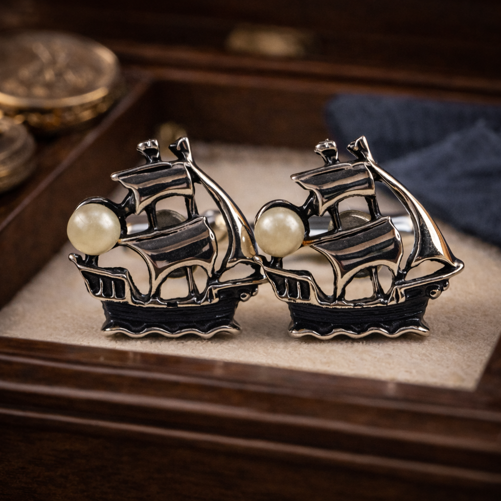 Vintage Ship Cufflinks with Pearl Accent — Nautical Motiff