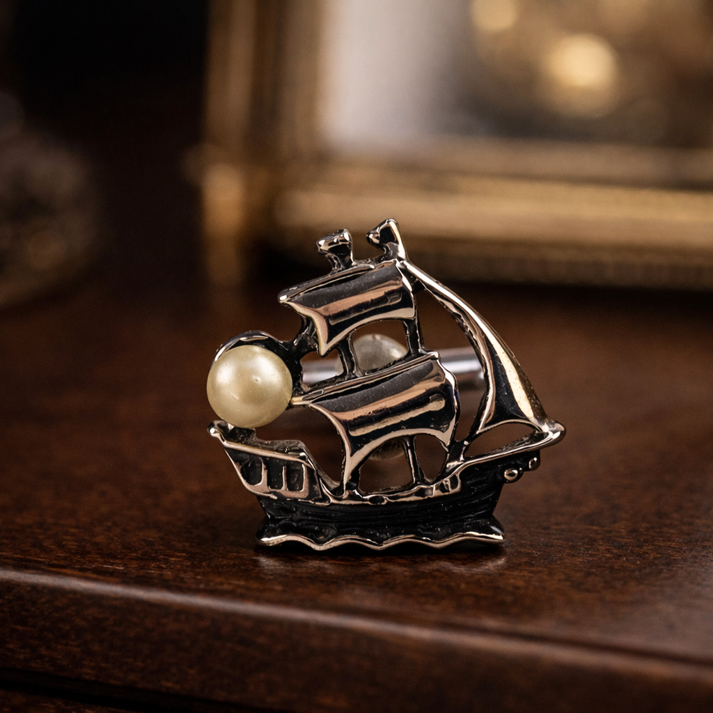 Vintage Ship Cufflinks with Pearl Accent — Nautical Motiff