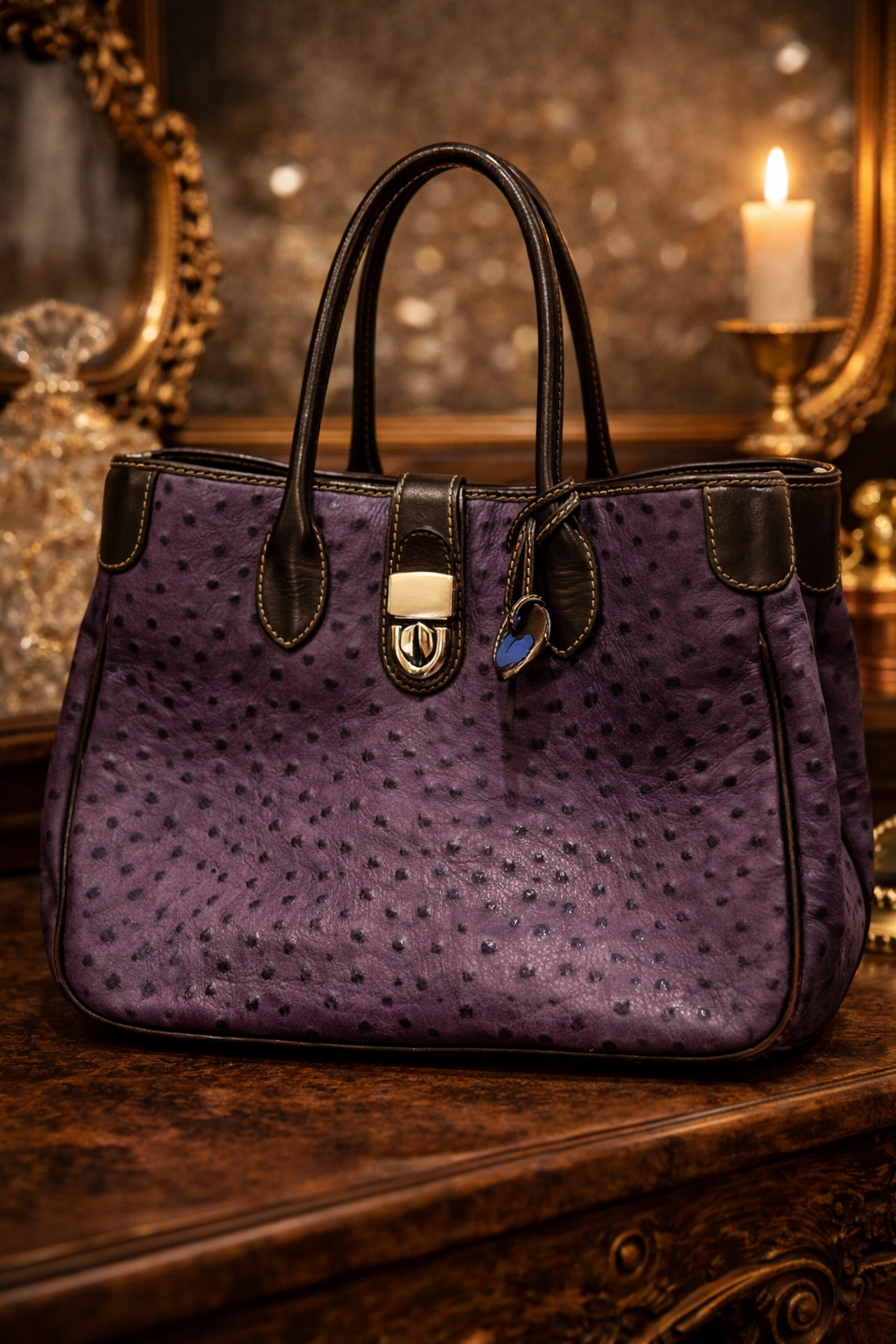 Dooney and Bourke Purple Ostrich-Embossed Leather Satchel | Vintage Top Handle Bag