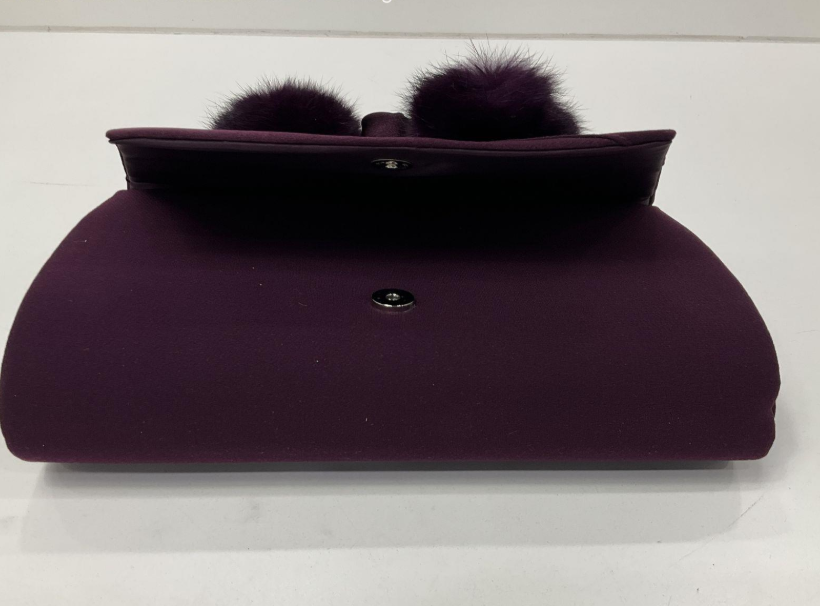 ML Studio Purple Satin Clutch Purse with Pom Pom Detail & Chain Strap Large Evening Bag