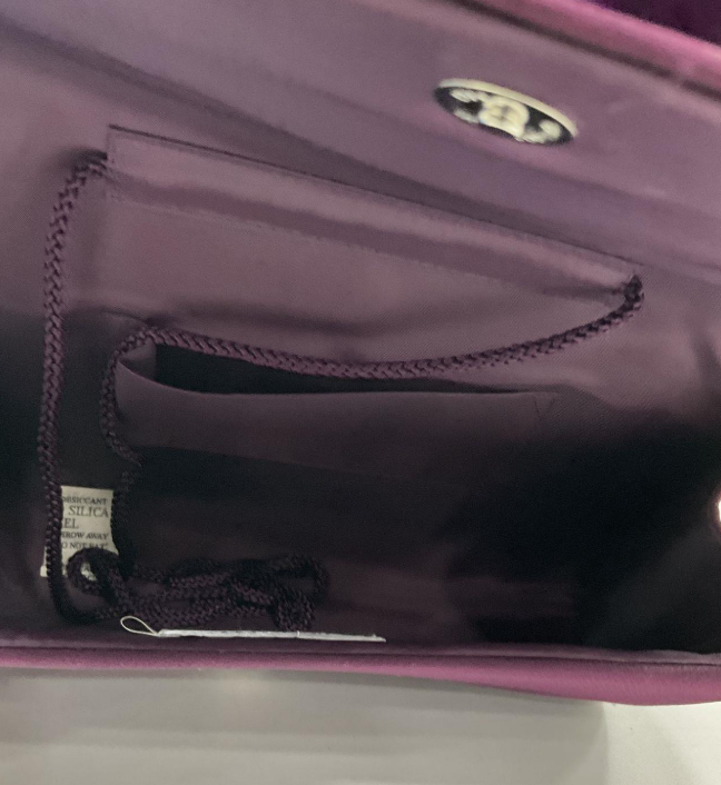 ML Studio Purple Satin Clutch Purse with Pom Pom Detail & Chain Strap Large Evening Bag