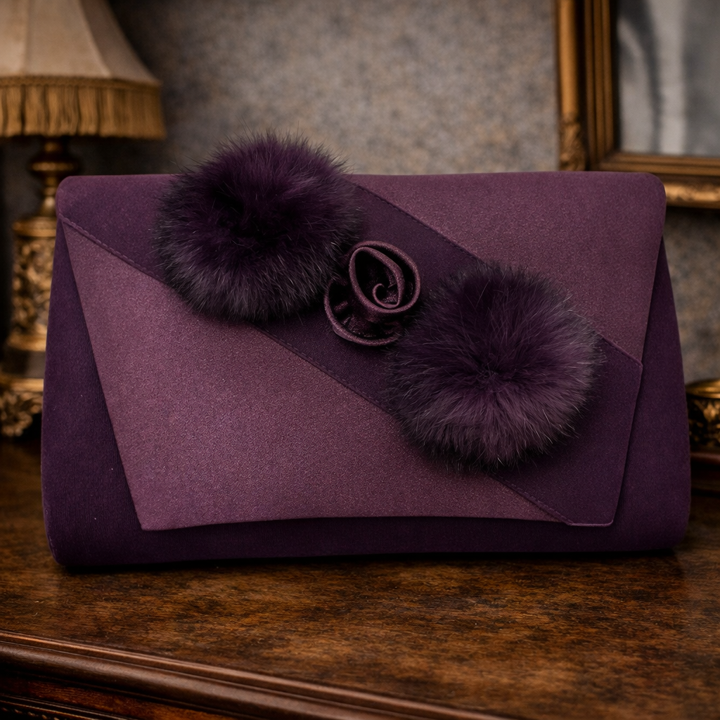 ML Studio Purple Satin Clutch Purse with Pom Pom Detail & Chain Strap Large Evening Bag