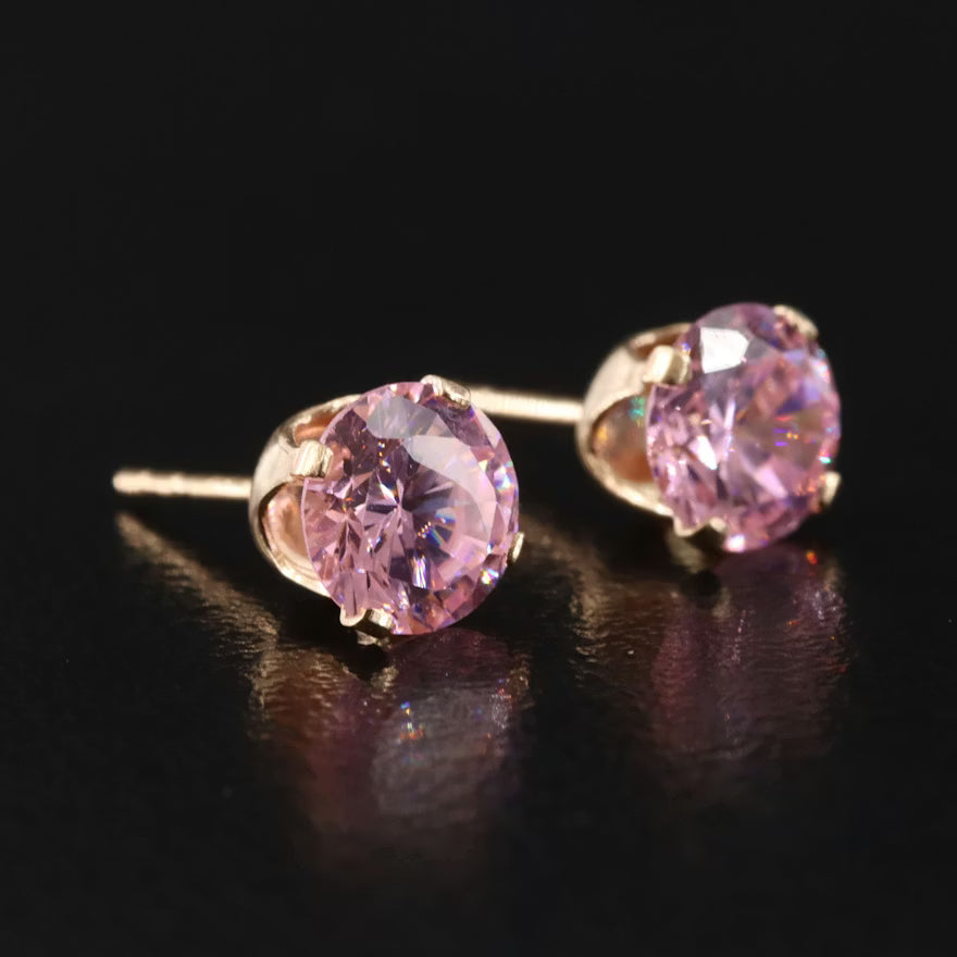 14K Gold Pink-Lavender CZ Stud Earrings | 6mm Round Faceted | Classic Gold Studs