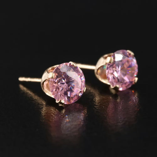 14K Gold Pink-Lavender CZ Stud Earrings | 6mm Round Faceted | Classic Gold Studs