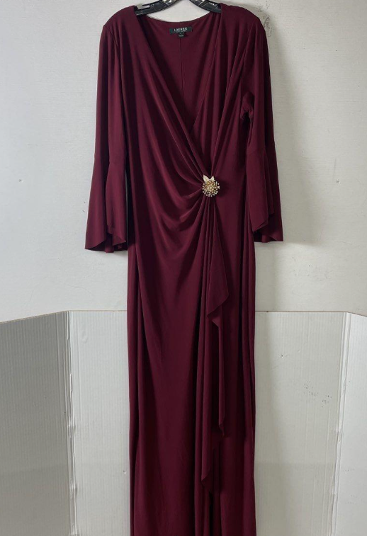 Lauren Ralph Lauren Burgundy Draped V-Neck Maxi Dress Size 14 | Formal Evening Dress with Brooch Detail