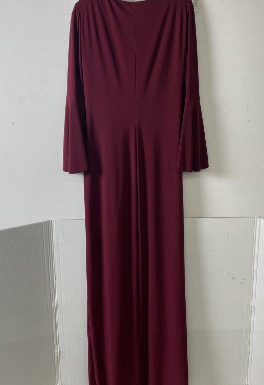 Lauren Ralph Lauren Burgundy Draped V-Neck Maxi Dress Size 14 | Formal Evening Dress with Brooch Detail