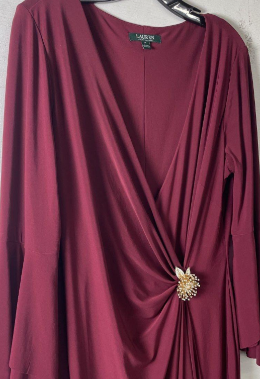 Lauren Ralph Lauren Burgundy Draped V-Neck Maxi Dress Size 14 | Formal Evening Dress with Brooch Detail