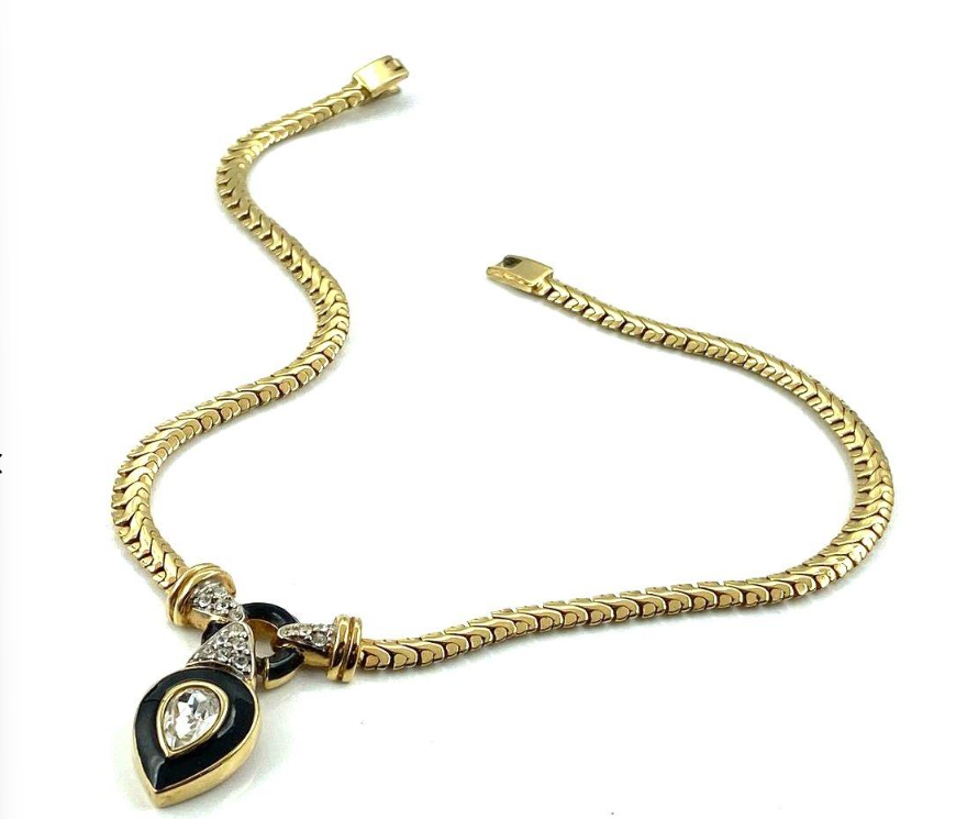 Radiance Signed Gold Tone Crystal Pendant Necklace Black Accent Statement Necklace 14 Inch