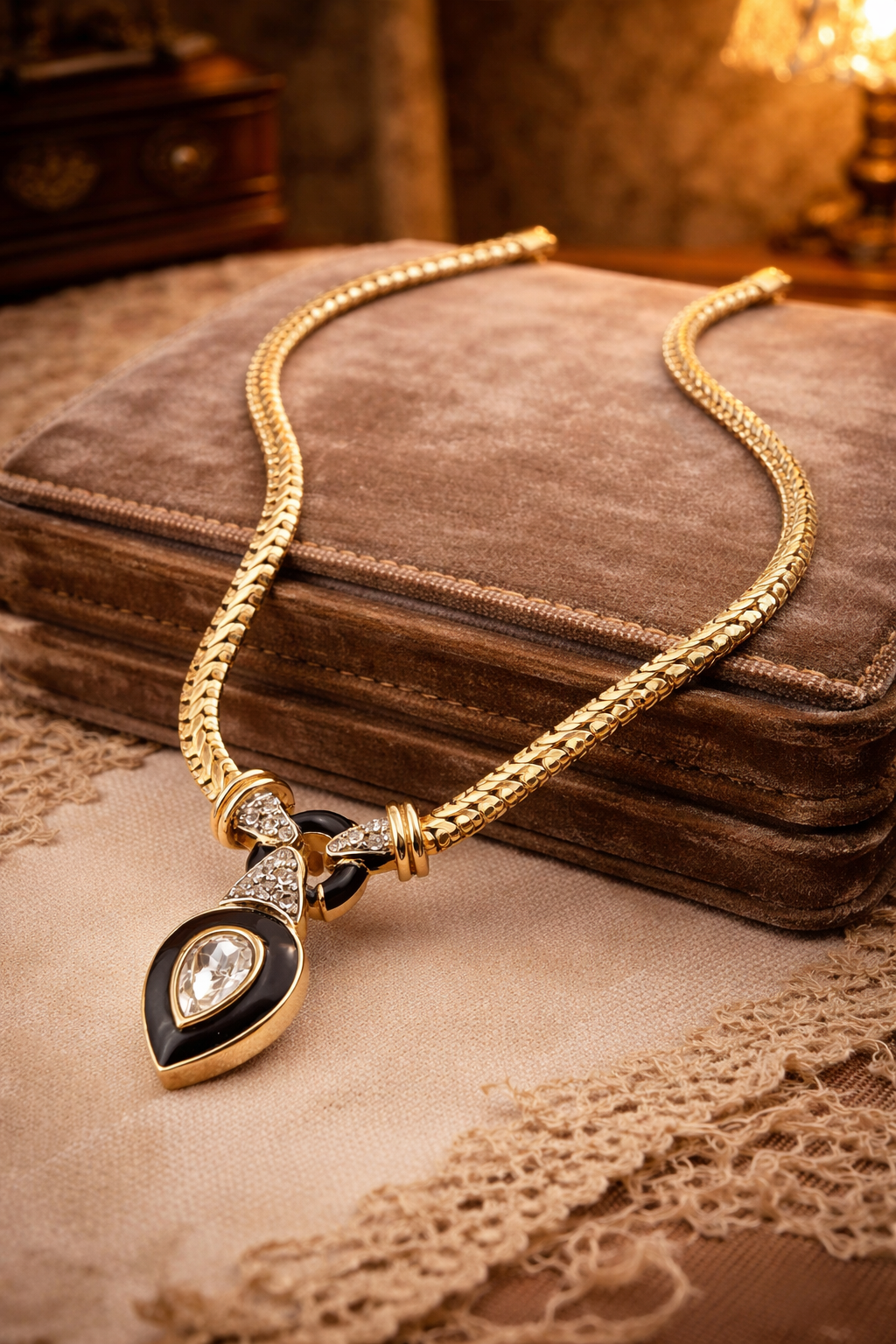 Radiance Signed Gold Tone Crystal Pendant Necklace Black Accent Statement Necklace 14 Inch
