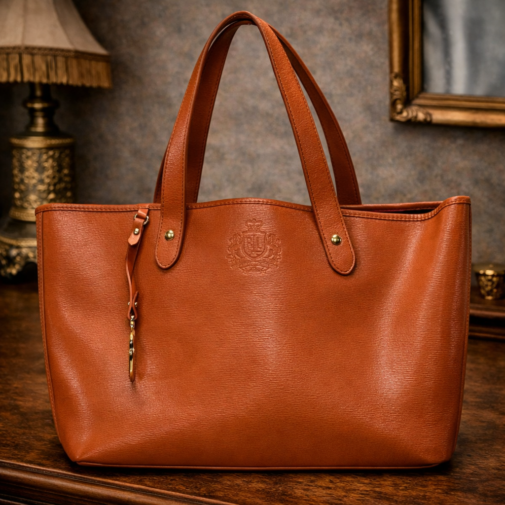 Ralph Lauren Orange Leather Tote Shoulder Bag Large Structured Top Handle Purse