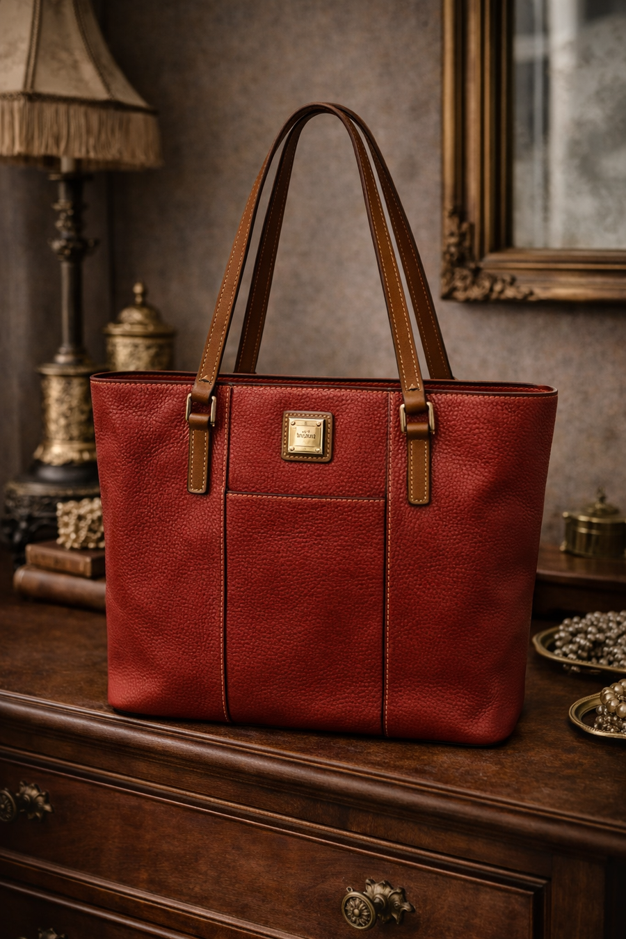 Dooney & Bourke Lexington red pebbled leather shopper tote with tan straps
