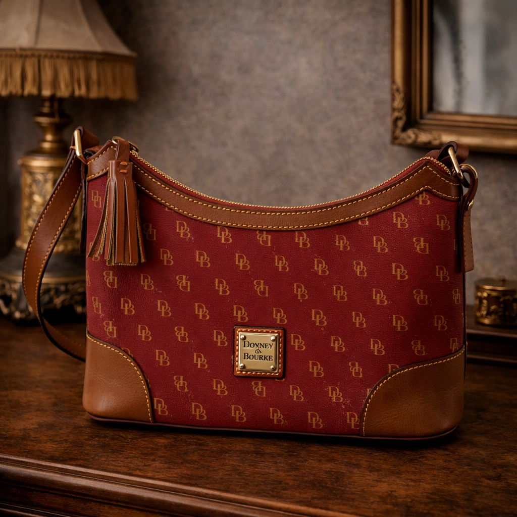 Dooney and Bourke red DB monogram coated canvas shoulder bag with brown leather trim and tassel