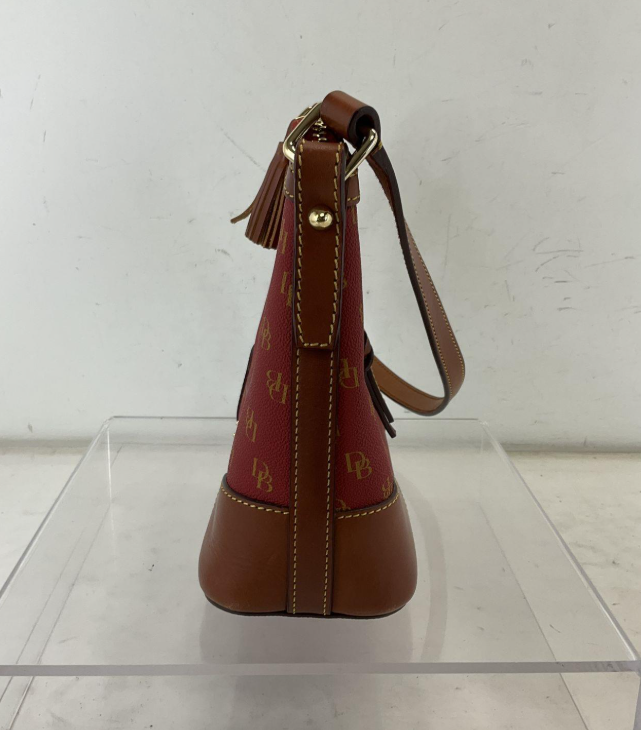 Dooney and Bourke red DB monogram coated canvas shoulder bag with brown leather trim and tassel, view 5