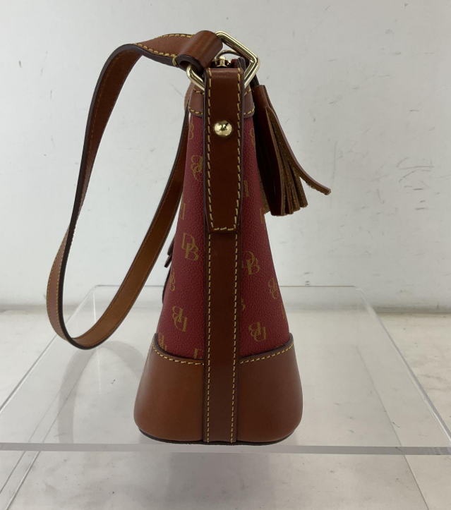 Dooney and Bourke red DB monogram coated canvas shoulder bag with brown leather trim and tassel, view 4