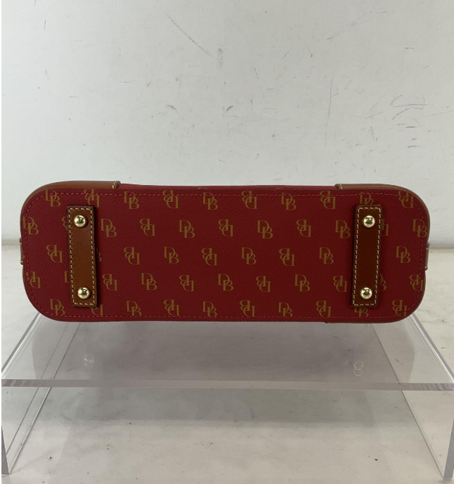 Dooney and Bourke red DB monogram coated canvas shoulder bag with brown leather trim and tassel, view 3
