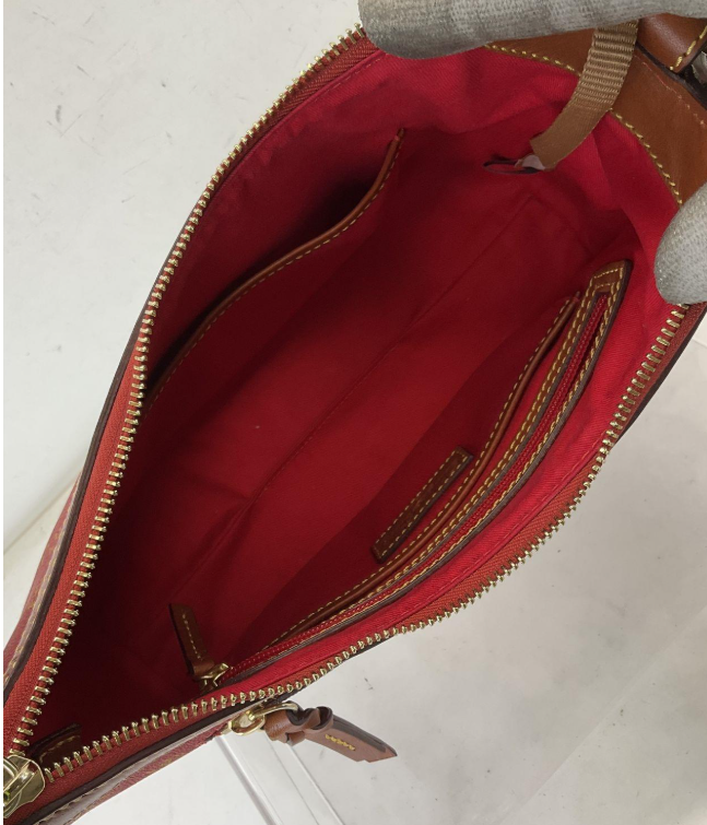 Dooney & Bourke Red DB Monogram Coated Canvas Shoulder Bag with Leather Trim Tassel | Zip Top Signature Purse