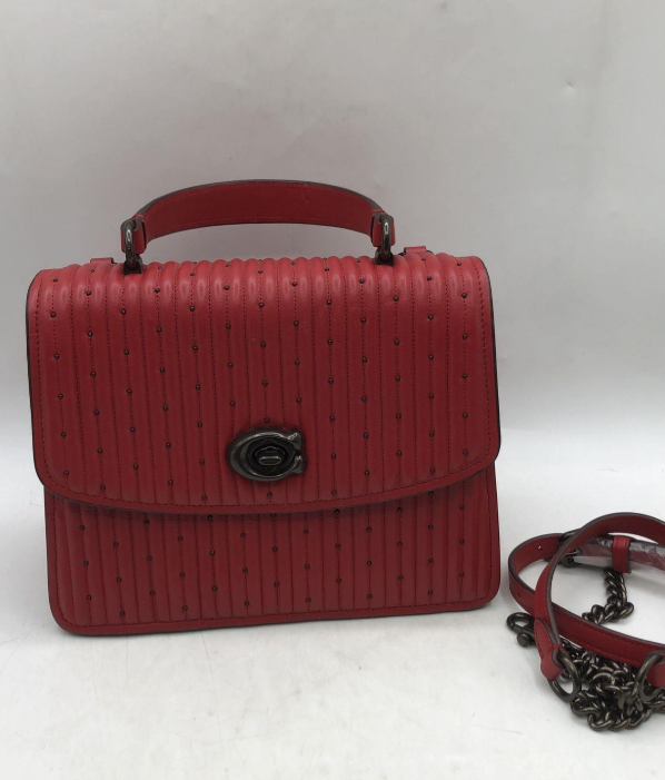 Coach red quilted leather top handle bag with rivet accents and turn-lock, view 2