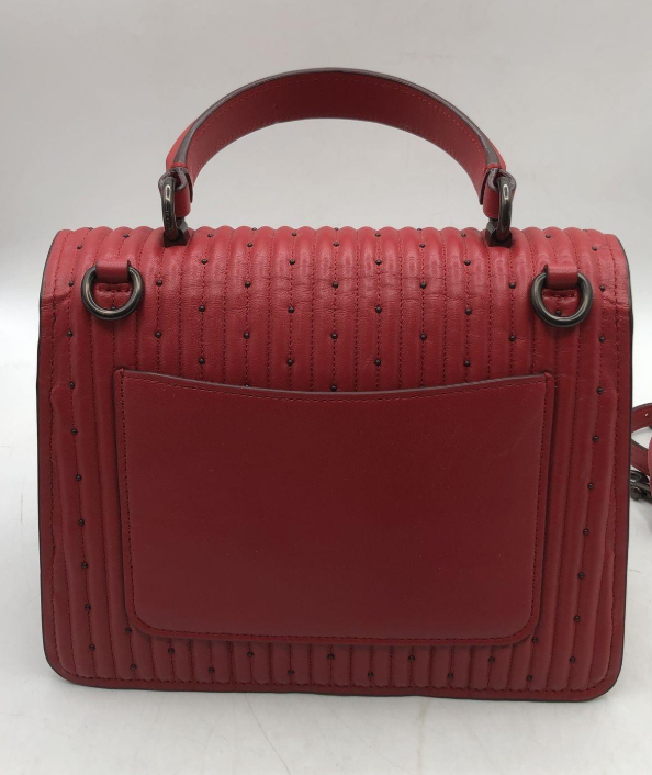 Coach red quilted leather top handle bag with rivet accents and turn-lock, view 5