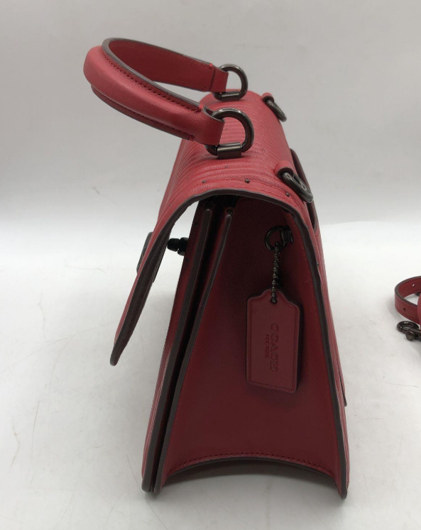 Coach red quilted leather top handle bag with rivet accents and turn-lock, view 6