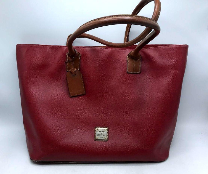 Dooney and Bourke large red pebbled leather shopper tote with tan rolled handles, view 2