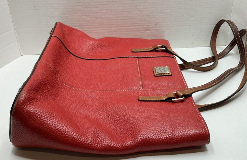Dooney & Bourke Lexington red pebbled leather shopper tote with tan straps, view 3