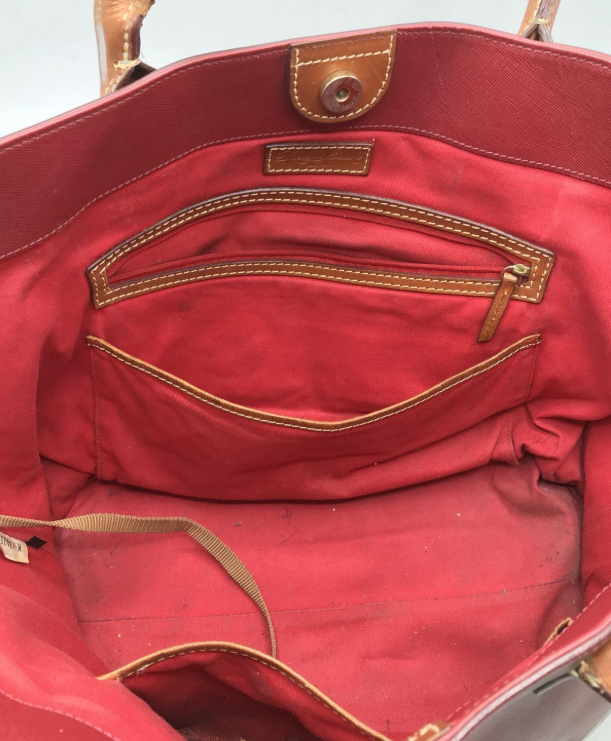 Dooney and Bourke large red pebbled leather shopper tote with tan rolled handles, view 6