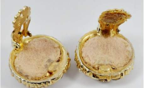 Gold-tone swirl brooch and matching clip earrings with rhinestones and faux pearls, view 5