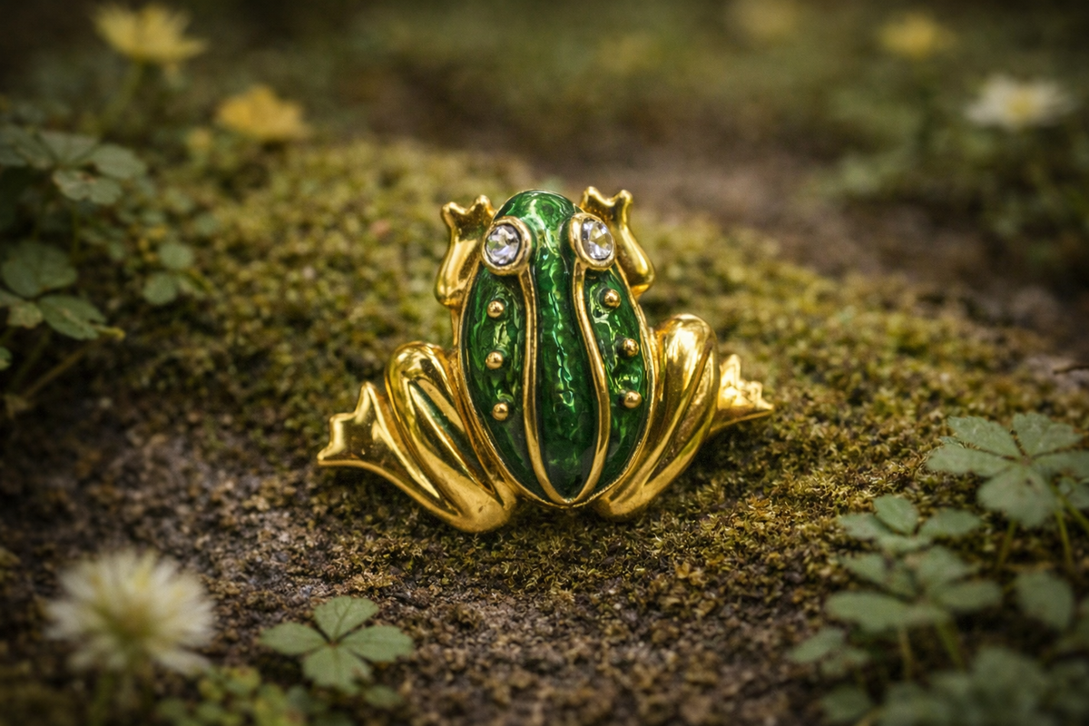 Signed Avon gold-tone frog brooch with green enamel body and clear rhinestones