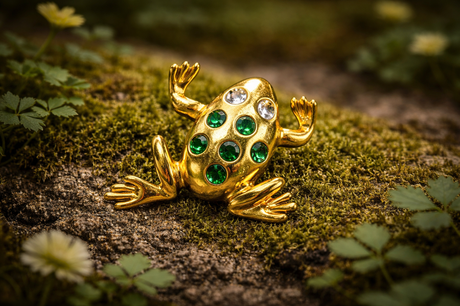 Gold-tone figural frog brooch set with green rhinestones