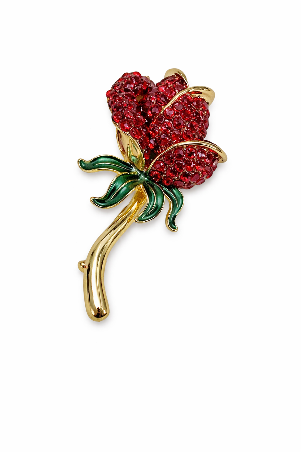 (SOLD) Vintage Monet Gold-Tone Red Rhinestone Rose Brooch with Green Enamel Leaves
