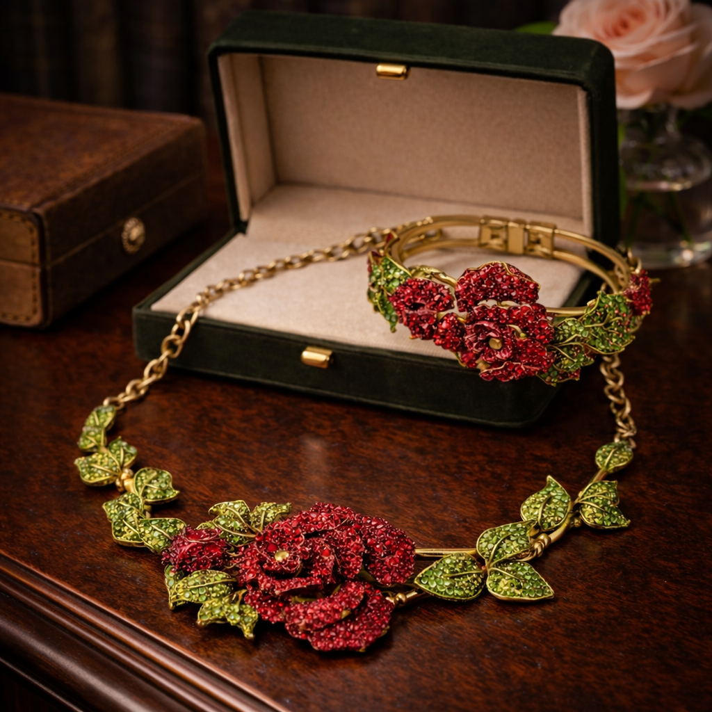 Rose Rhinestone Necklace and Bracelet Set