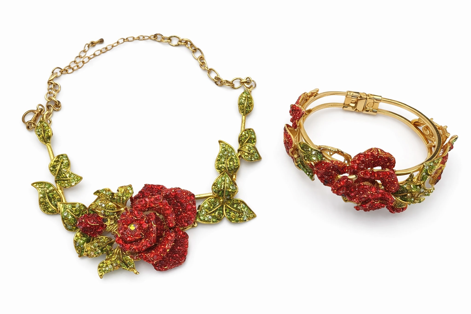 Rose Rhinestone Necklace and Bracelet Set