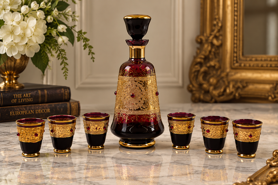 Burgundy glass decanter with raised gold scrollwork, red cabochons and six shot glasses