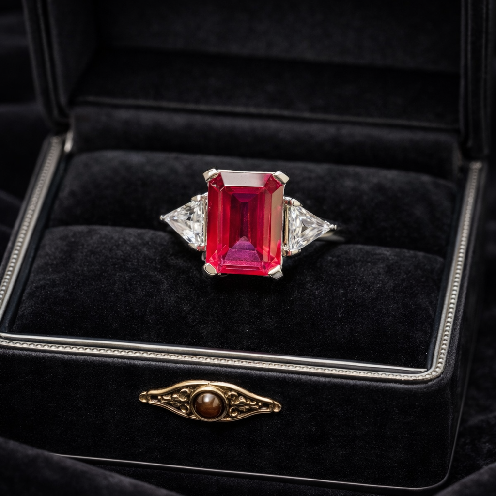 Silver-tone cocktail ring with emerald-cut red center stone and clear trillion side stones