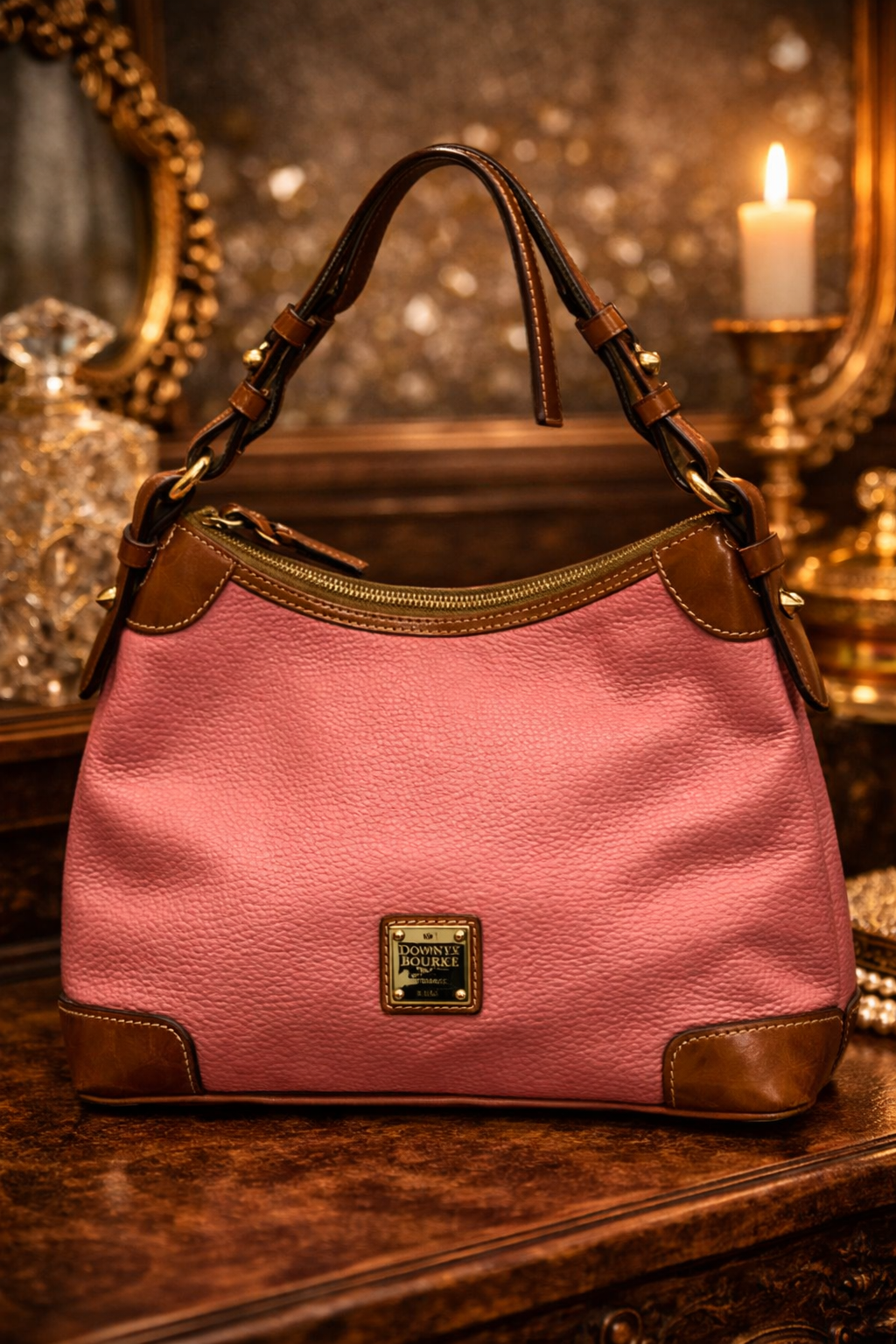 Dooney and Bourke Salmon Pink Pebble Leather Hobo Bag with Tan Trim | Classic Shoulder Purse