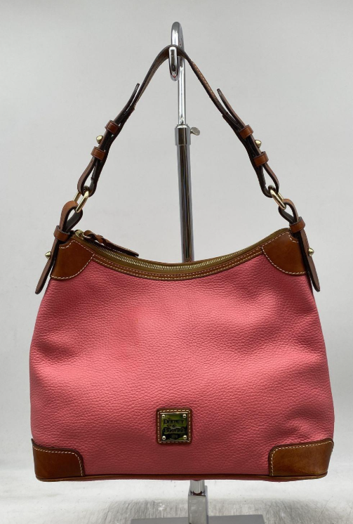 Dooney and Bourke Salmon Pink Pebble Leather Hobo Bag with Tan Trim | Classic Shoulder Purse