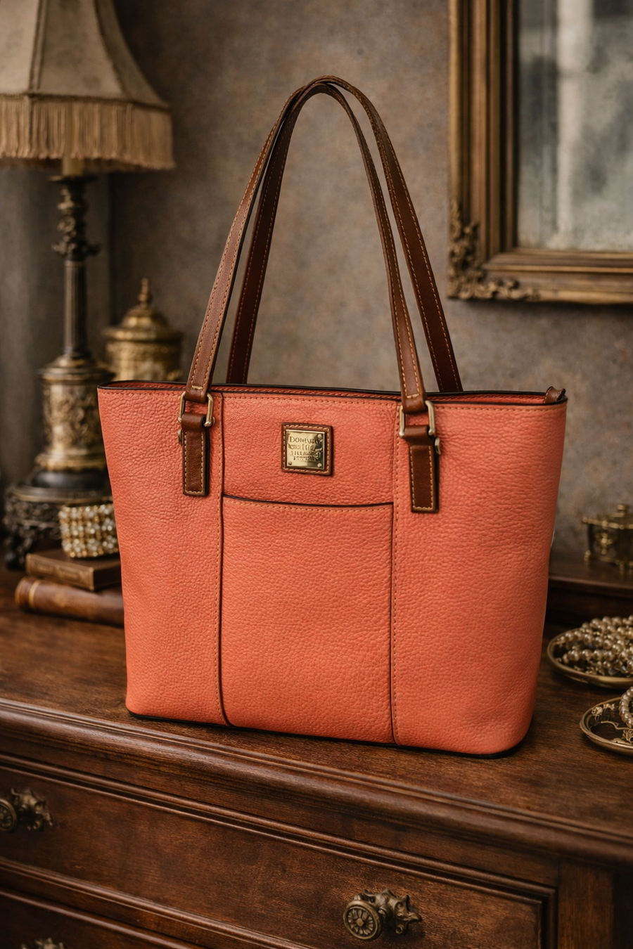 Dooney and Bourke salmon coral pebbled leather Lexington shopper tote with brown handles