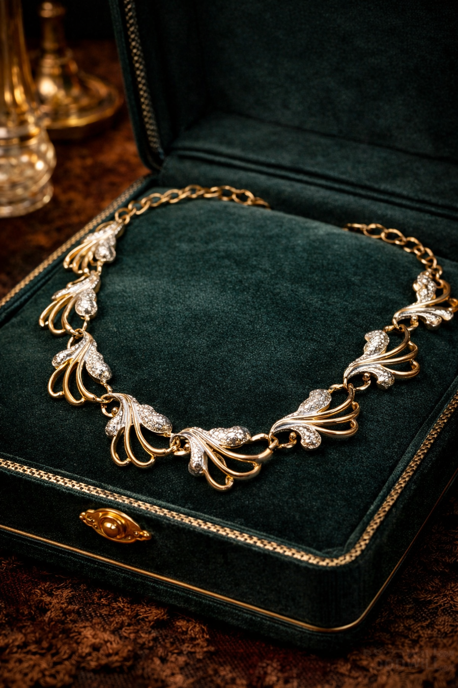 Signed Sarah Coventry gold and silver-tone swirl necklace with clear rhinestones