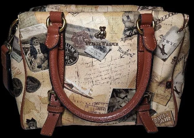 Teenie Weenie travel postcard and map print satchel with tan faux leather trim, view 2