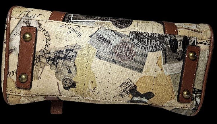 Teenie Weenie travel postcard and map print satchel with tan faux leather trim, view 4