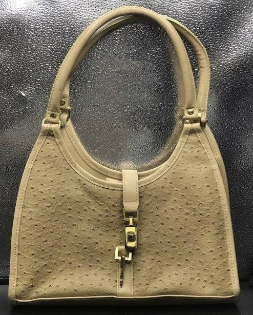 (SOLD) Vintage Cream Ostrich Embossed Top Handle Shoulder Bag Elegant Classic Neutral Handbag