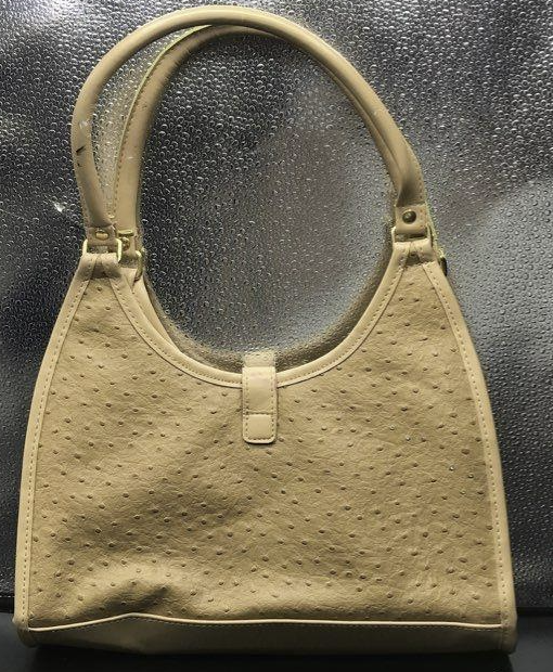 (SOLD) Vintage Cream Ostrich Embossed Top Handle Shoulder Bag Elegant Classic Neutral Handbag