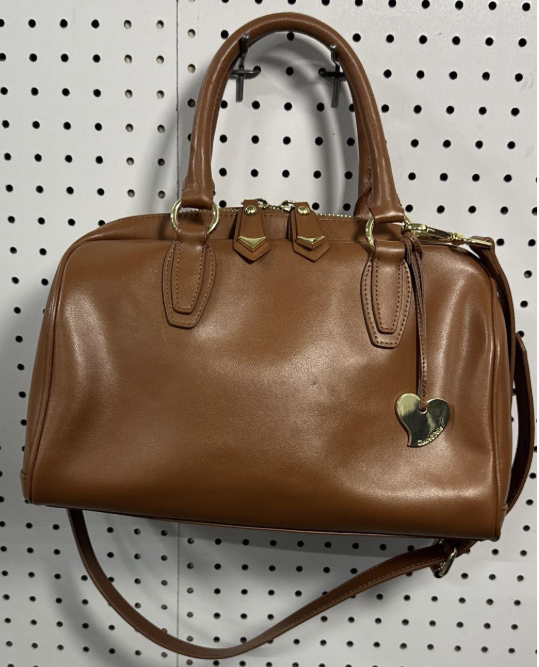Caramel brown structured dome satchel with rolled handles and gold-tone hardware, view 5