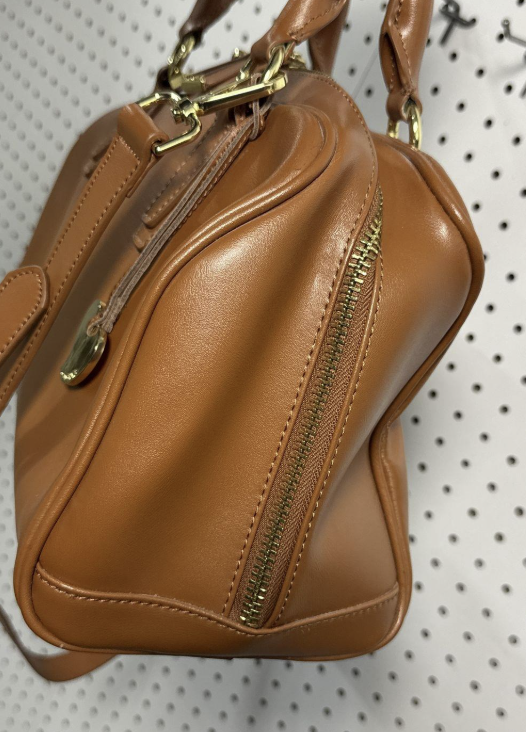 Caramel brown structured dome satchel with rolled handles and gold-tone hardware, view 6
