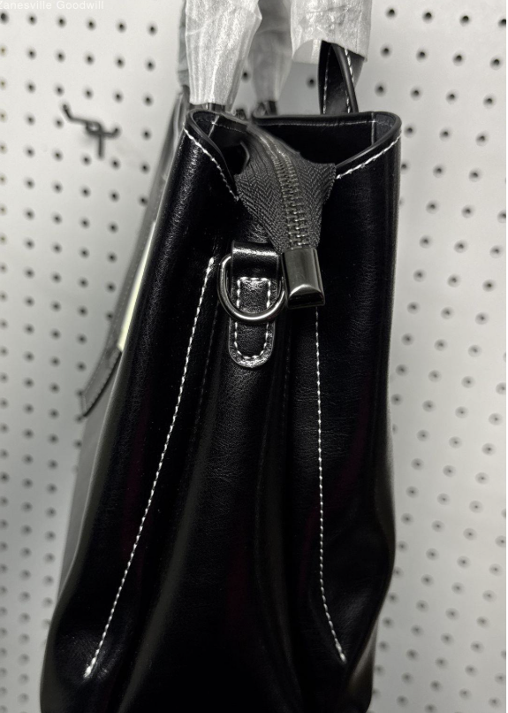Black leather structured satchel tote with top handles and crossbody strap, view 3