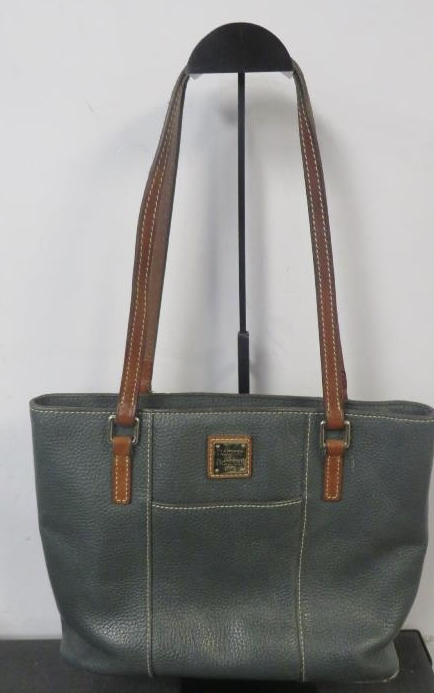 Dooney and Bourke slate blue pebbled leather tote with British tan straps, view 3