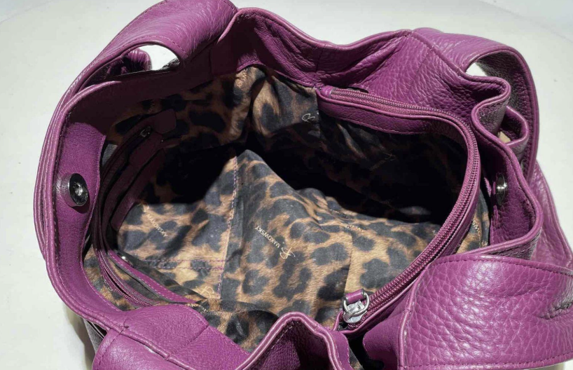 B Makowsky Purple Pebbled Leather Shoulder Bag Turn Lock Leopard Lined Hobo Purse