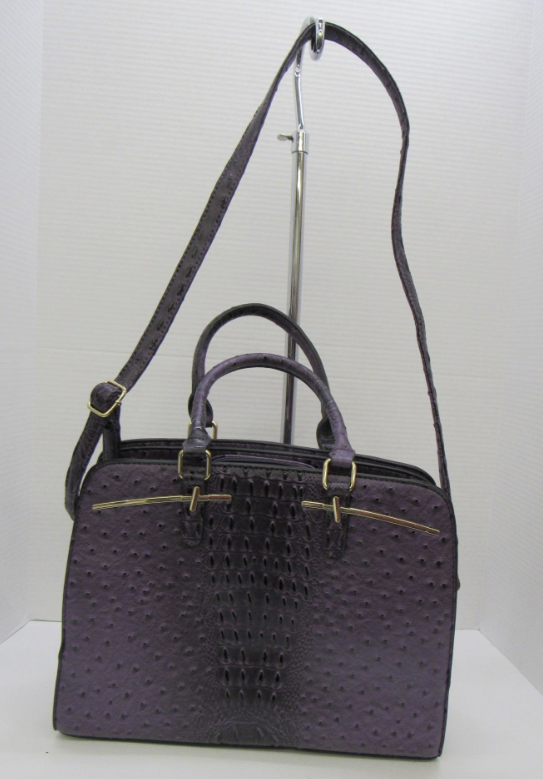 Deep purple ostrich and croc-embossed structured satchel with rolled handles and gold-tone hardware, view 10