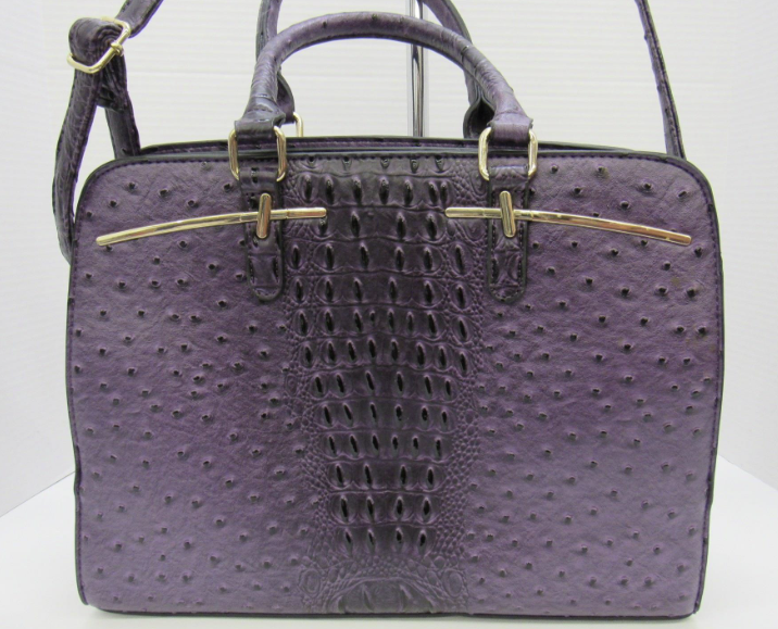 Deep purple ostrich and croc-embossed structured satchel with rolled handles and gold-tone hardware, view 9