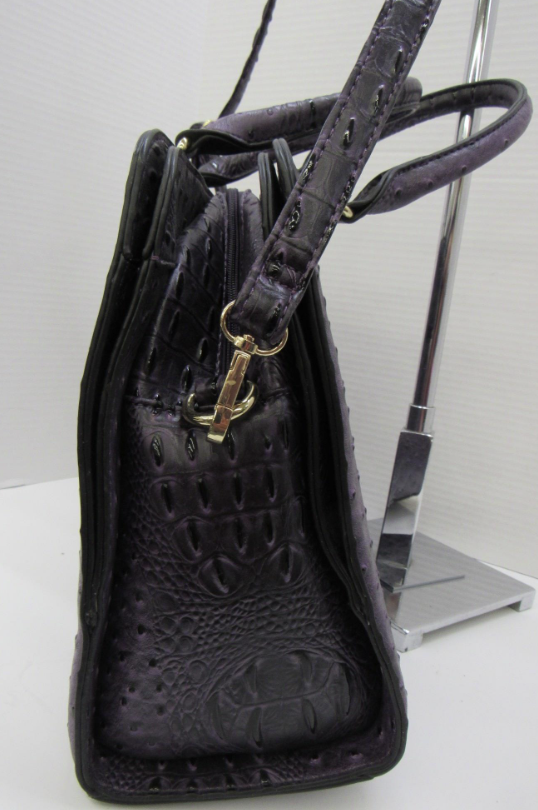 Deep purple ostrich and croc-embossed structured satchel with rolled handles and gold-tone hardware, view 8